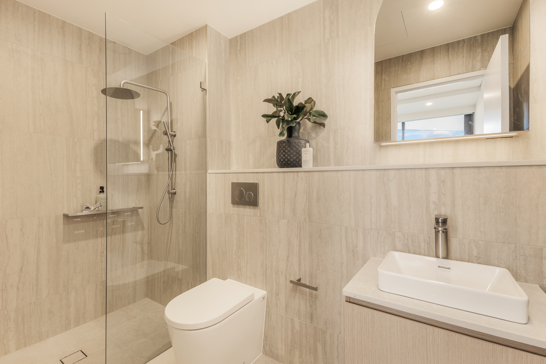 Arte Living Caringbah two bedroom main bathroom with walk-in rain shower